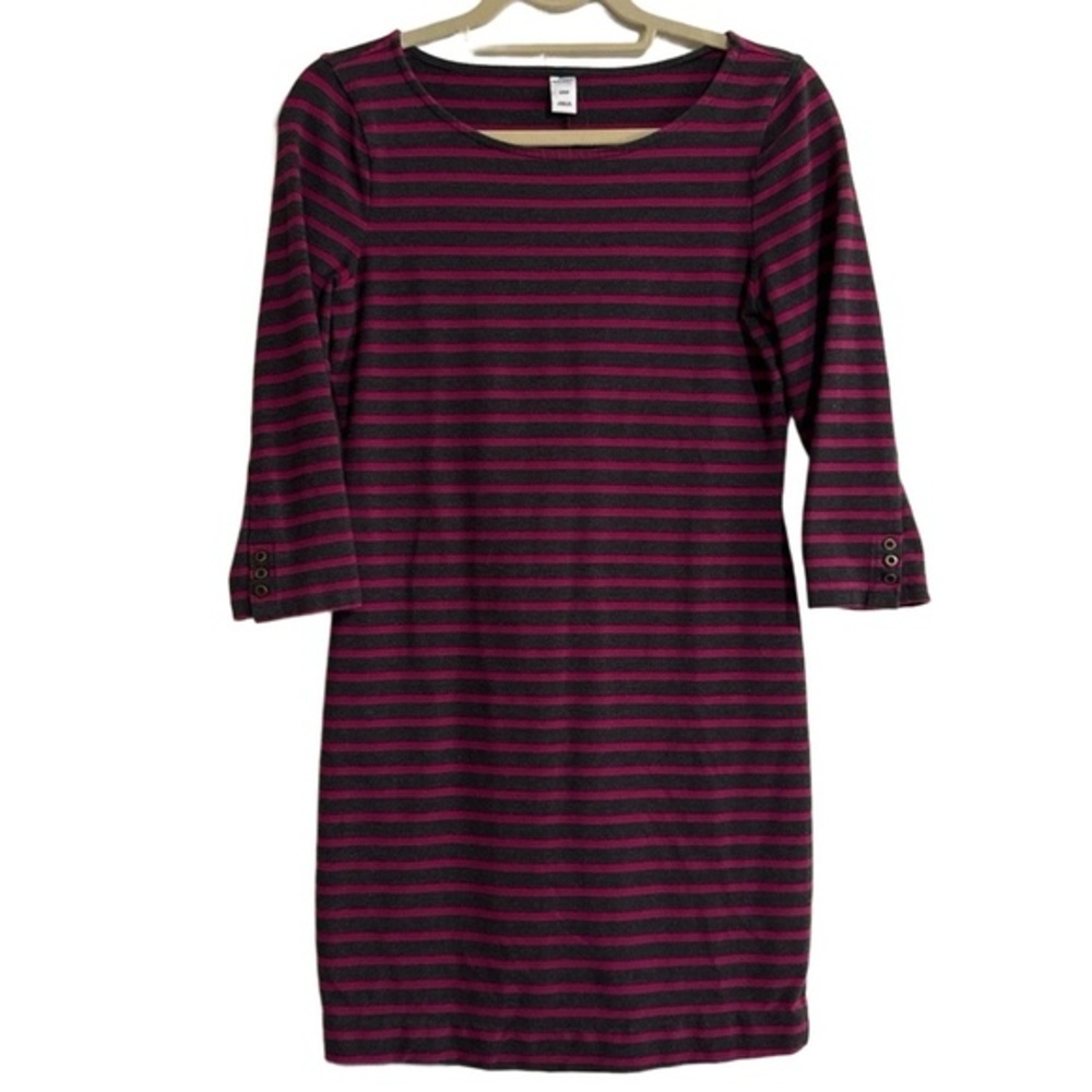OLD NAVY Womens Small Striped Dress Boat Neck 3/4 Sleeve Magenta/Grey